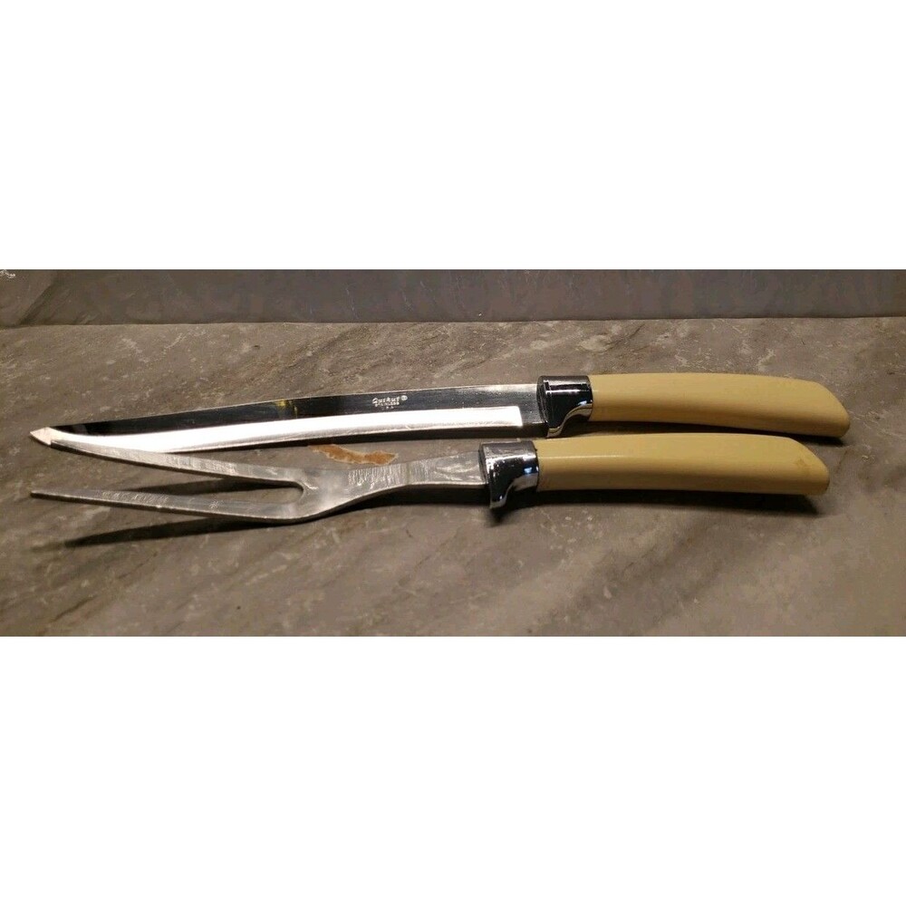 Vtg 2 pc Quikut CARVING SET Knife/Fork with Faux HANDLES